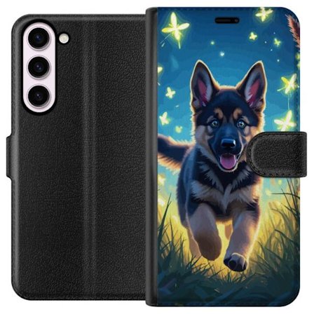 Kompatibelt Plånboksfodral till Samsung Samsung Galaxy S23+ Tysk schäfer valp affisch valp hund hoppar äng fjärilar söt hund illustration blå na