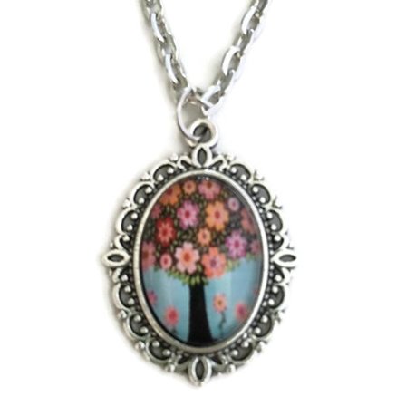 Halsband Livets Träd Tree Of Life Symbol - Rosa Blommor Silver