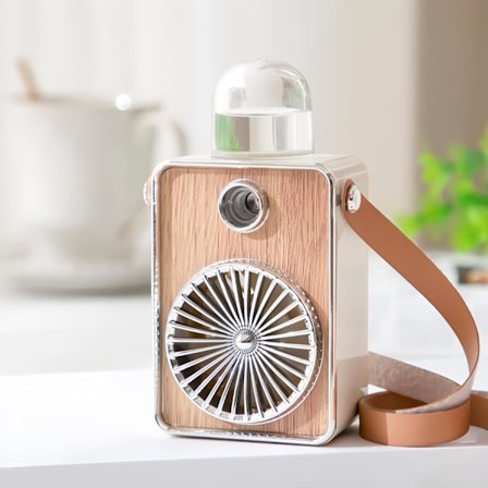 Bärbar dimfläkt för utomhusbruk med vintage läderrem som även kan användas som halsband, uppladdningsbar, skrivbordsfläkt med nattlampa beige