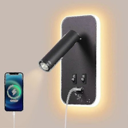 LED Vegglampe, Sengelampe med Bryter, USB-ladeport, Stemningsbelysning til Soverom Justerbar Spotlight (3W 3000K + 9W 6000K) Svart [DB]