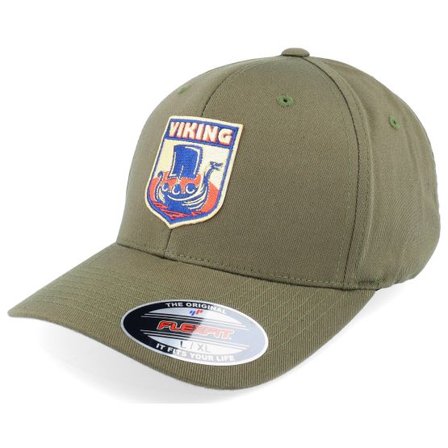 Vikings - Grön flexfit Keps - Longboat Shield Patch Olive Green Flexfit @ Hatstore