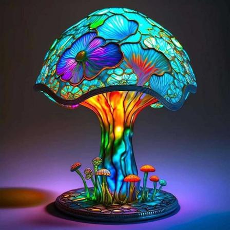 Malt soppbordlampe, ny glassmaleri plante nattlys, bohemsk harpiks sopp dekorativ nattbordslampe