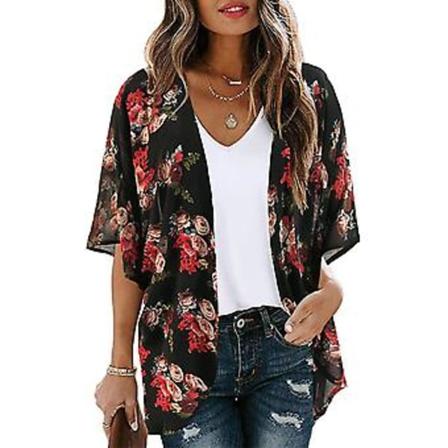 Dam Kimono Cardigan med Blommigt Mönster, Puffärmar, Lös, Casual Blus Toppar (XL svart röd)