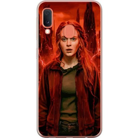 Kompatibelt Mobilskal till Samsung Samsung Galaxy A20e Porträtt av en ung kvinna med rött hår i en apokalyptisk landskap, röda blixtar och mörka