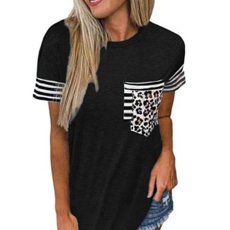 T-shirt För Kvinnor Med Rund Hals, Kort Ärm Randig Färgblock Leop