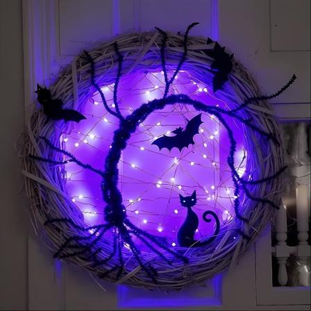 Halloween-kranssi etuovelle, 15 tuuman Halloween-kranssi, lepakko- ja musta kissakranssi, 40 LED-violettivaloa paristokäyttöinen Halloween-kranssi
