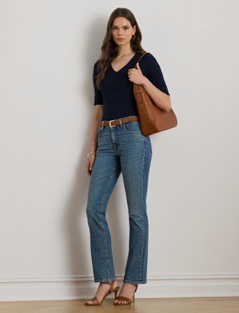 Lauren Ralph Lauren Stretch Cotton Elbow-Sleeve V-Neck Tee - Navy - S