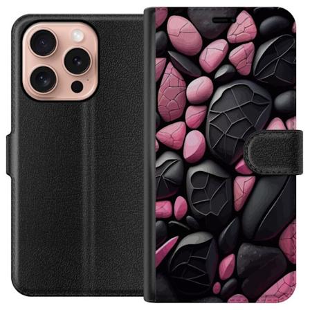 Apple iPhone 16 Pro Plånboksfodral Svarta Rosa Stenar