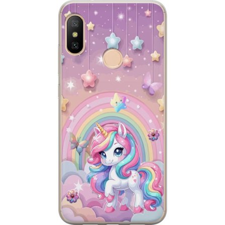 Kompatibel Mobilcover til Xiaomi Redmi 6 Pro Magisk enhjørning med regnbue manke, stjerner og sommerfugle mod en pastelfarvet himmel med skyer