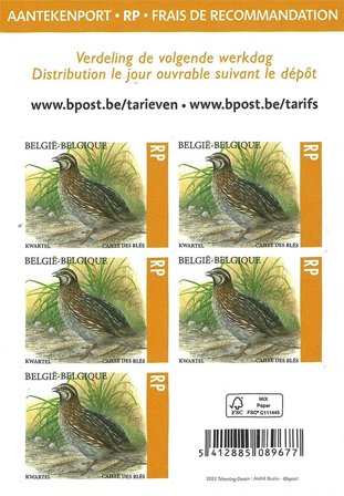 Belgien - Vagtel - Postfrisk ark