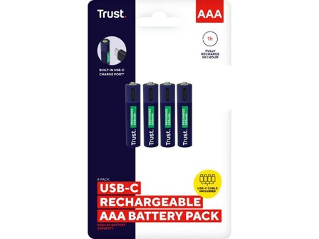 TRUST Batteri Laddbar TRUST AAA USB-C 4/fp inkl. laddare - Lyreco - Kontorsmaskiner - Batterier - Uppladdningsbara