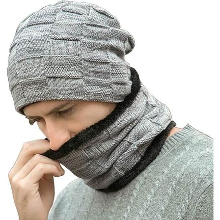 Vinterlue og skjerf for menn, sett med varm strikket lue og halsvarmer med fleecefôr, vinterluer som gave til kvinner og menn