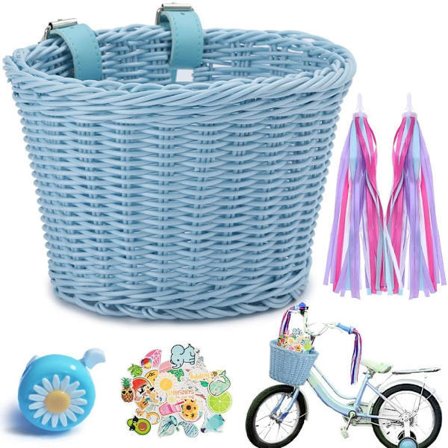 Cykelkorgset för barn, cykelkorg i rotting med läderrem, klockdekaler och tofsar, blå