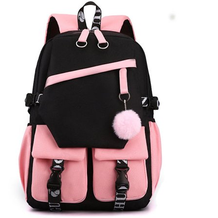 Skolesekk, skolesekk for jenter, skolesekk for gutter, skolesekk for kvinner, skolesekk for tenåringsjenter, 15,6 tommers ryggsekk, svart rosa