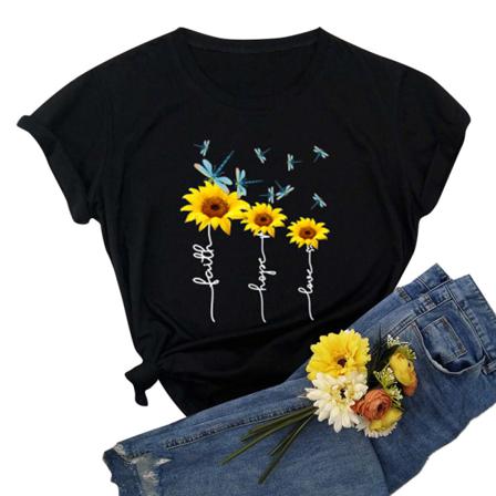 Sommar T-shirt Söt Daisy Print Bomull T-shirt O-halsad Kortärmad