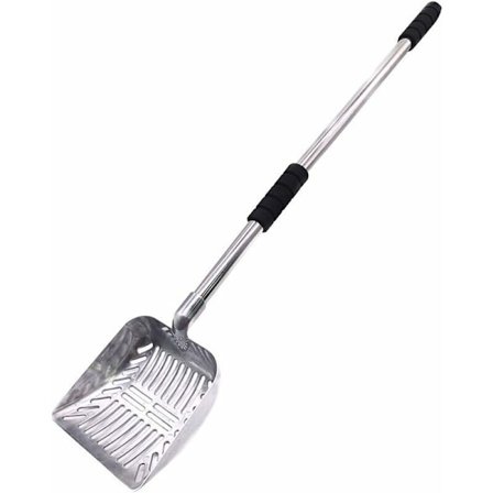 Kattesandspade med langt teleskophåndtak, metallhåndtak for kattesand, skuffe for kjæledyrutstyr (svart håndtak)