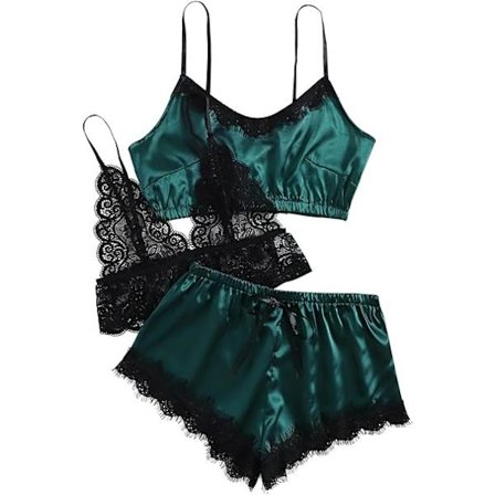 Pyjamas set för kvinnor, sexig kort satin 3 delar spets camisole shor