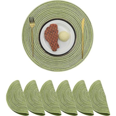 38cm/15 tommer vævet runde 6 stk. dækkeservietter varmeisolering skridsikre flettede bomulds middagsbordsdækker vaskbare dækkeservietter (grøn)
