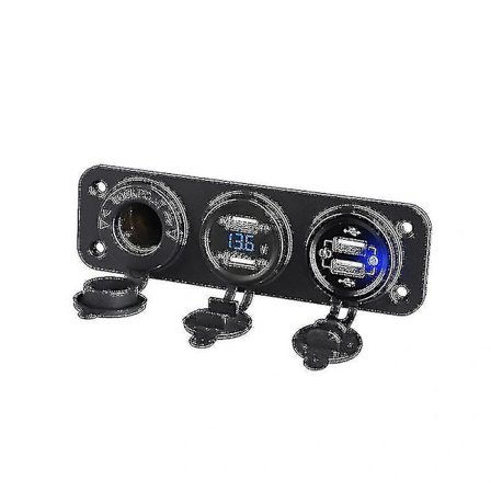 4 USB Billaddare Snabbladdning LED Voltmeter Uttag Telefonladdare Adapter Panel - Blå