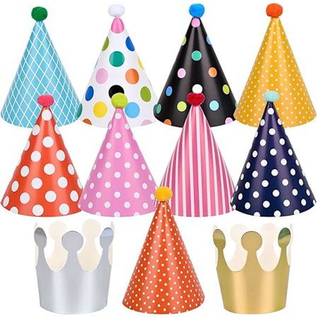 11 stk. Partyhatter, Bursdagskjegle Partyhatter med Pom Pom-er, Partyhatter i Papir for Barn, Kakebursdags Partyhatter for Jenter Gutter Voksne