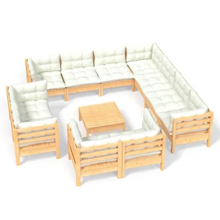 Vidaxl Loungegrupp Med Gräddvita Dynor 12 Delar Massiv Furu Creme