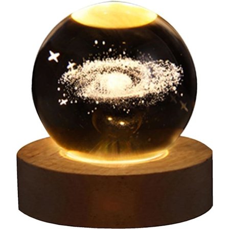 1 Stk. 3D Krystal Kugle - LED Natlampe med Træ