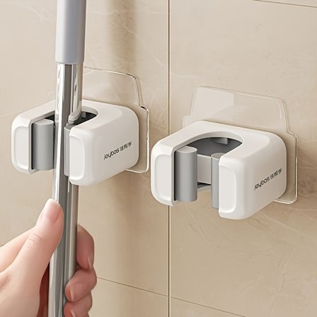 2-pakning veggmontert mopp- og kostholder, borefri veggoppbevaringshylle, multifunksjonell verktøyorganisator for bad og kjøkken, hagerengjøring