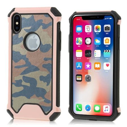 iPhone XS hybrid plast mobilskal med kamouflage möstrat syntet läder - Ros Guld