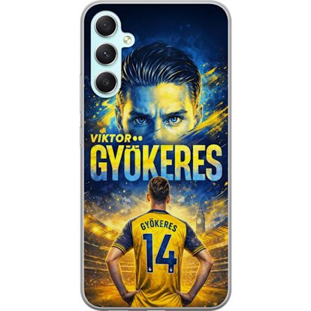 Kompatibelt Mobildeksel til Samsung Samsung Galaxy A34 Viktor Gyökeres fotballplakat i gult og blått med dramatisk stadionbakgrunn, sportillustrasjo