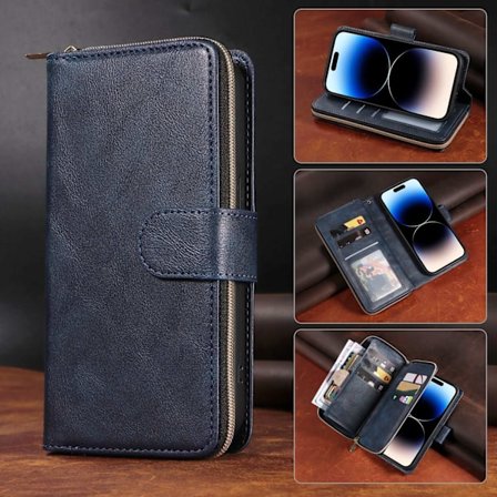 Etui til iPhone 13 mini Kongeblå Glidelås Ni Kort Lær Lommebok