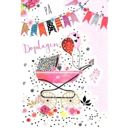 Dobbelt Dåbskort, På Dåbsdagen, Barnevogn, Pink - Spader