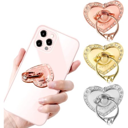 3 st Mobiltelefon Ringhållare Hjärta Metall Strass 360 Grader Rotation Finger Ring för Alla Smartphones (Roséguld, Guld, Silver)