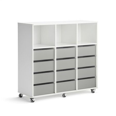 Schüleraufbewahrung CASPER, 12 Schubladen, 3 obere Fächer, weiß, grau
