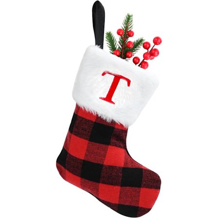 Jule Strømper 7 tommer Julenisse Strømper Rød Skottland Rutete Klassiske Julenisse Strømper med Bokstaver Kunstig Pels Pluss Mansjett Hengende 