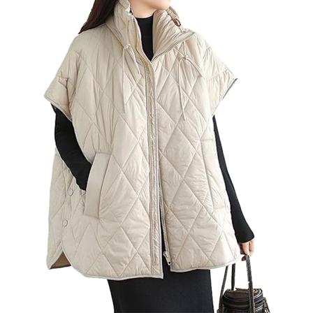 (M) Kvinners Oversized Quiltet Puffer Vest Kappe Erme Stå Krage Glidelås Opp Ned Vest med Lommer