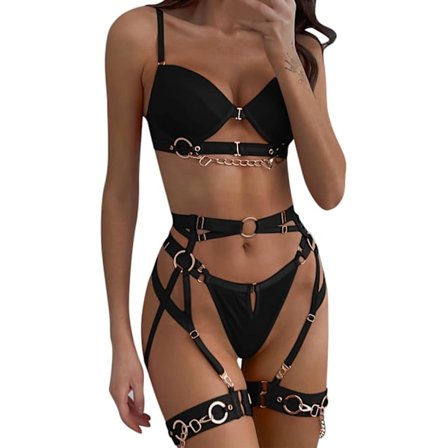 yx Sexy Undertøy for Kvinner 3-delt Stropp Kjede Undertøysett Bøyle-BH og Trusesett med Strømpebånd Svart Medium