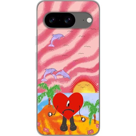 Kompatibelt Mobildeksel til Google Pixel 8 Bad Bunny i en fargerik quiltet jakke med hjertemønster og solbriller i moderne gatestil