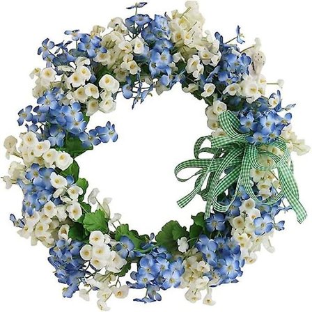 Konstgjord dörrkrans, konstgjord blomma blå & vit handgjord krans, för ytterdörr väggfönster bröllopsfestdekor