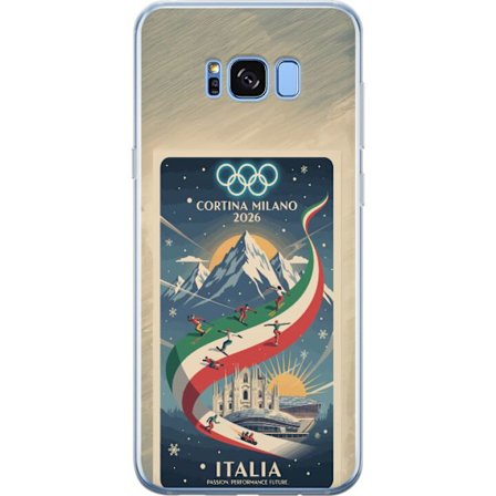 Yhteensopiva Puhelinkuori Samsung Galaxy S8+ Mäkihyppykuvitus, jossa hiihtäjä tähtää kiväärillä lumisella radalla, teksti Milano Cortina 2026 ja olymp