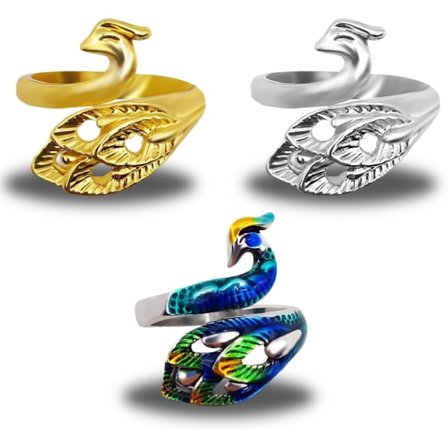 3 stk. hæklegarnringe, justerbare, til hækling, påfugleform, strikkeløkke, åben fingerring