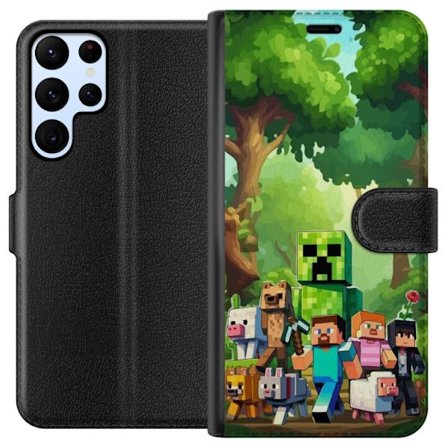 Kompatibelt Lommeboketui til Samsung Galaxy S24 Ultra Blokkete pikselerte spillverden med grønne figurer og dyr i frodig skogsmiljø