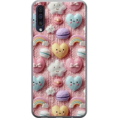 Kompatibelt Mobildeksel til Samsung Galaxy A50 Pastellmotiv med hjerter, skyer, regnbuer og makroner mot rosa bakgrunn i en søt drømmende stil.