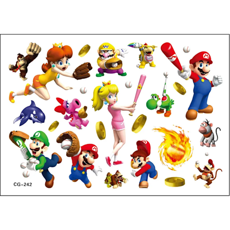 Super Mario Bros Tattoo Klistermærker Kawaii Anime Figur Legetøj Børn Tillykke Fødselsdag Fest Dekoration