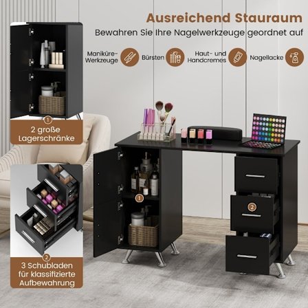 Manicurebord med skuffeskabe & Håndledsstøtte manicure bord sort