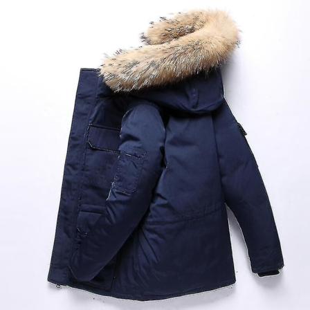 Vinterhuva pälskrage, vindjacka ytterkläder Tjock varm kappa Xmas Present navy blue L