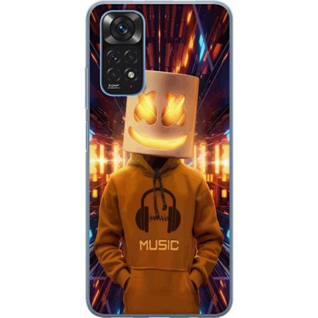 Yhteensopiva Puhelinkuori Xiaomi Xiaomi Redmi Note 11 DJ-hahmo valaisevassa kypärässä ja hupparissa futuristisessa musiikkiympäristössä neonvalo