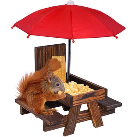Ekorrmatare Picknickbord med Parasoll och Majskolvhållare, Ny Premiumgåva för Ekorr- och Jordekorrefantaster, Utomhusträdgård Orn