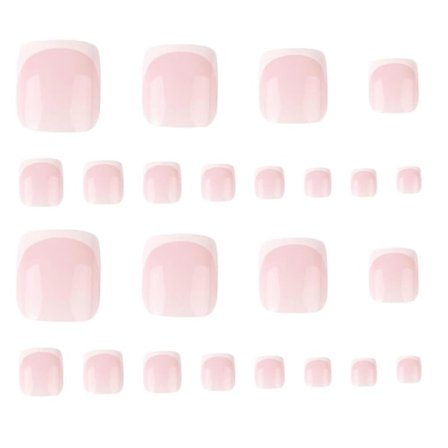 24 stk. franske tupper for tær, 12 størrelser av press-on tånegler, nydelig rosa-hvit