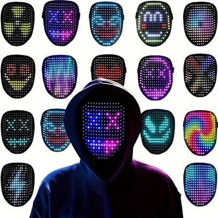 LED Maske med Gestus-Sensor | Unisex Lysmaske med Ansigtstransformation | 25 Bevægelige & Stillbilleder | Cosplay/Fest