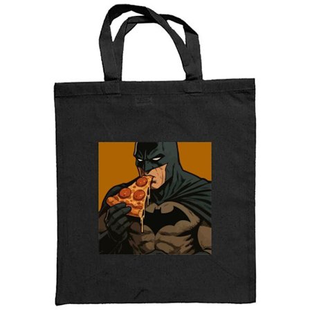 Stoffpose Batman spiser pizzaposter DC Comics morsom tegneserie retro tegneseriehelt mat humor illustrasjon design kunst